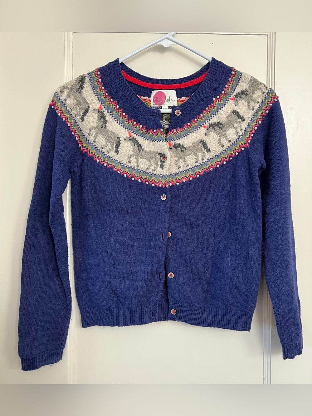 Mini Boden Unicorn Fair Isle Cardigan Wool Blend Blue Girls 9/10 Yrs